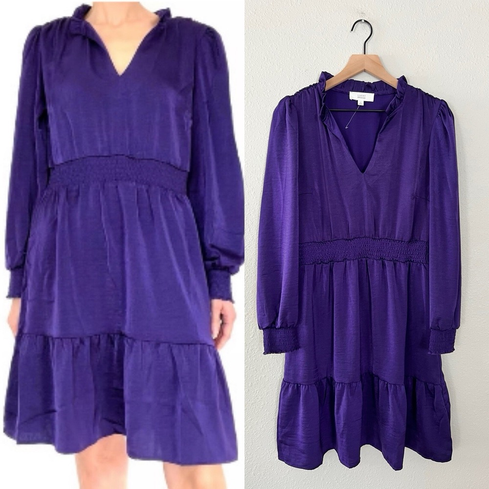 Lucky Brand NWOT Parachute Purple Dress Ruffle Smocked V-Neck Puff Sleeves M